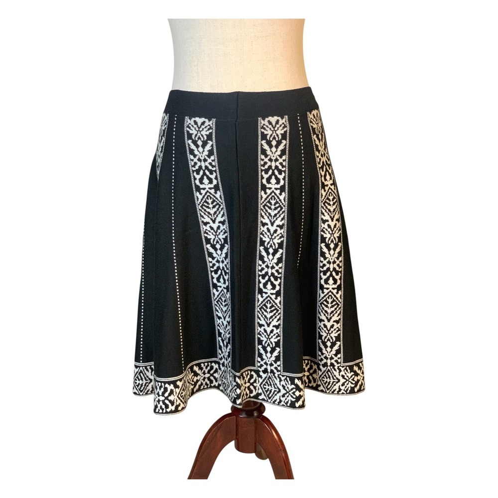 Lapis Black White Knit A-Line Sweater Skirt Size Large Geometric Floral